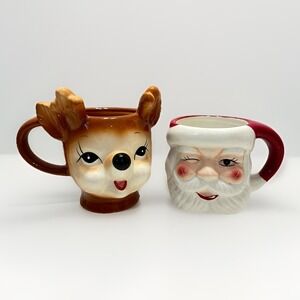 Pottery Barn Figural Cheeky Reindeer & Santa Mug Vintage Style Set Of 2 Retro